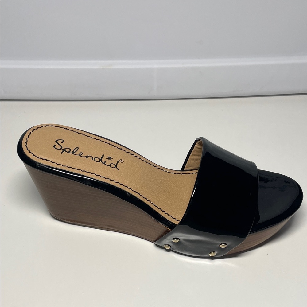 Splendid Black Patent Wedge Sandals, Size 9.5